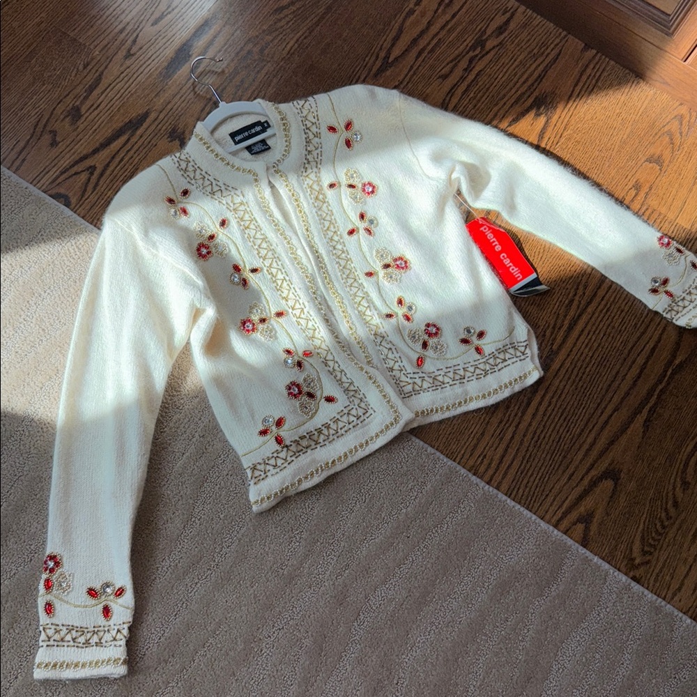 Pierre Cardin Silk And Angora Blend Embroidered Cream‎ Cardigan - Picture 9 of 17